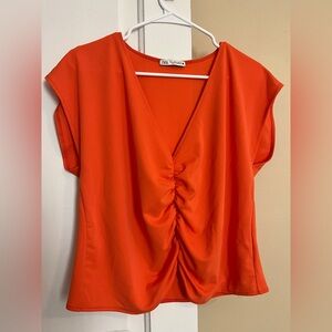 Zara Women's M Bright Orange Ruched Blouse